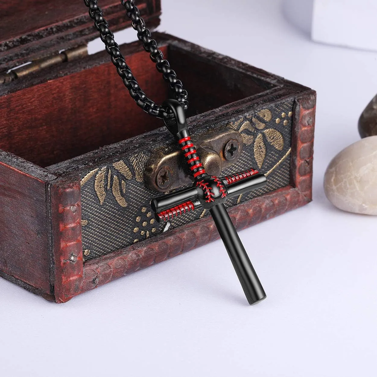 Rehoboth Baseball Bat Cross Pendant Necklace for Men Women with 22 2" Adjustable Stainless Steel Chain Black Gold Silver