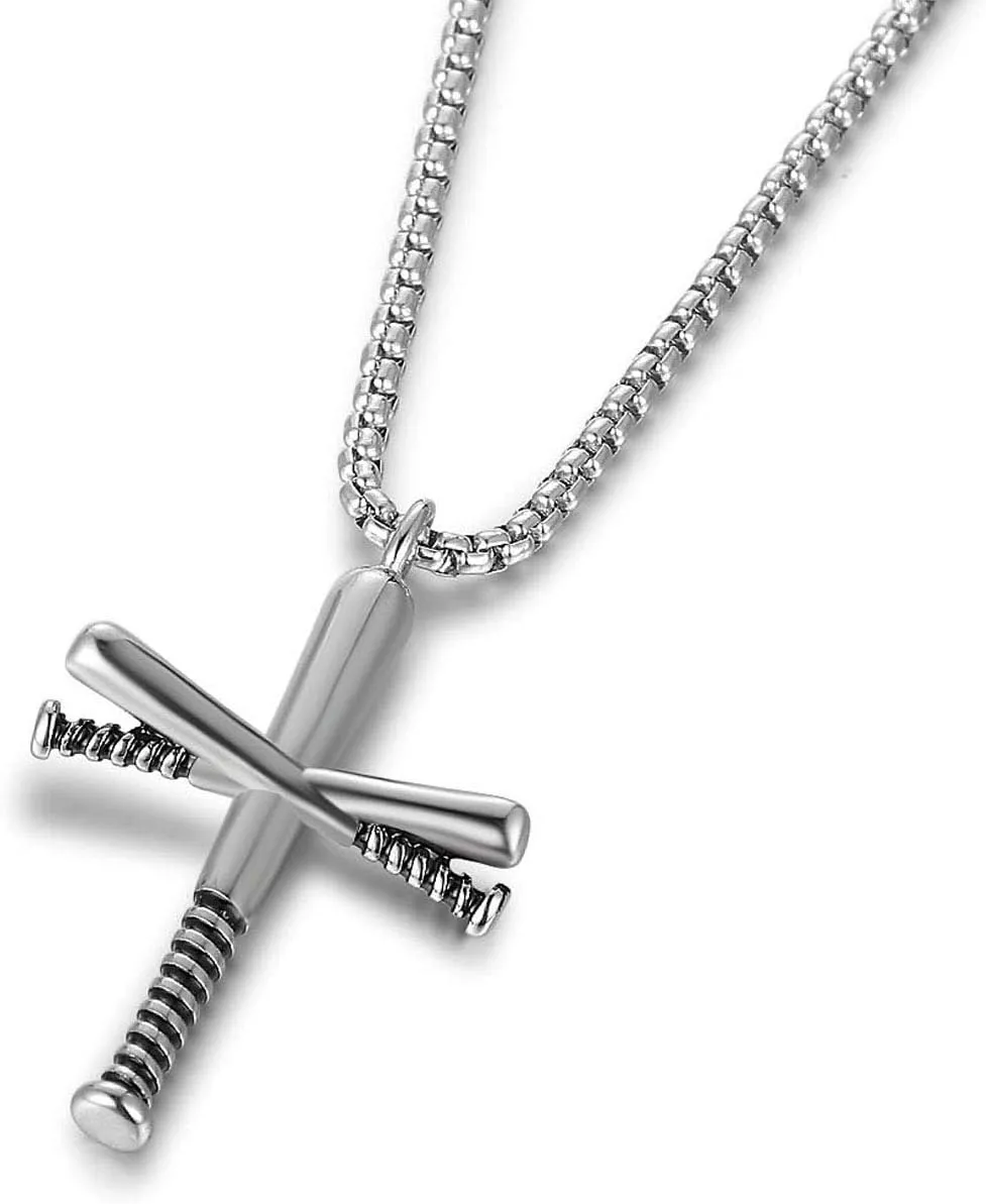 Rehoboth Baseball Bat Cross Pendant Necklace for Men Women with 24" Stainless Steel Chain Black Gold Silver