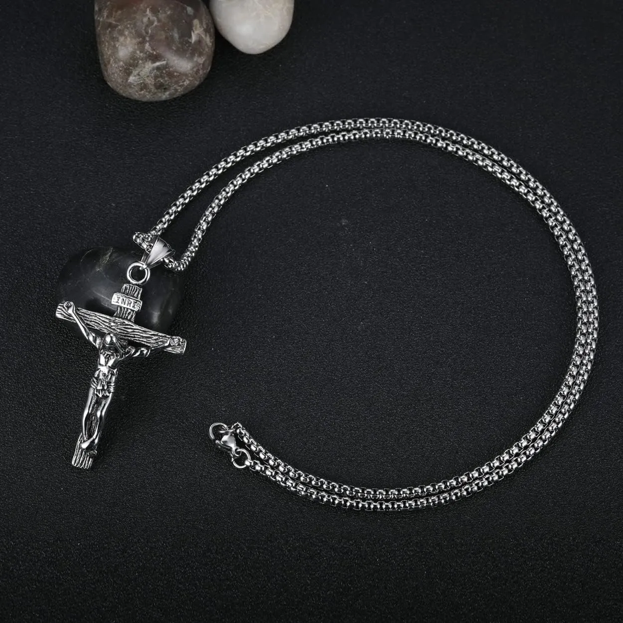 Rehoboth Jesus Christ on INRI Crucifix Cross Pendant Necklace for Teens Womens Mens with 24 Inch Stainless Steel Chain