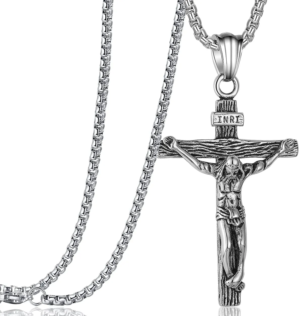 Rehoboth Jesus Christ on INRI Crucifix Cross Pendant Necklace for Teens Womens Mens with 24 Inch Stainless Steel Chain
