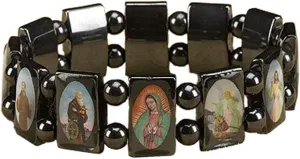 Religious Gifts Mens Womens Catholic Gift 1/2 Inch H Hematite Bead All Patron Saints Icon Image Stretch Bracelet