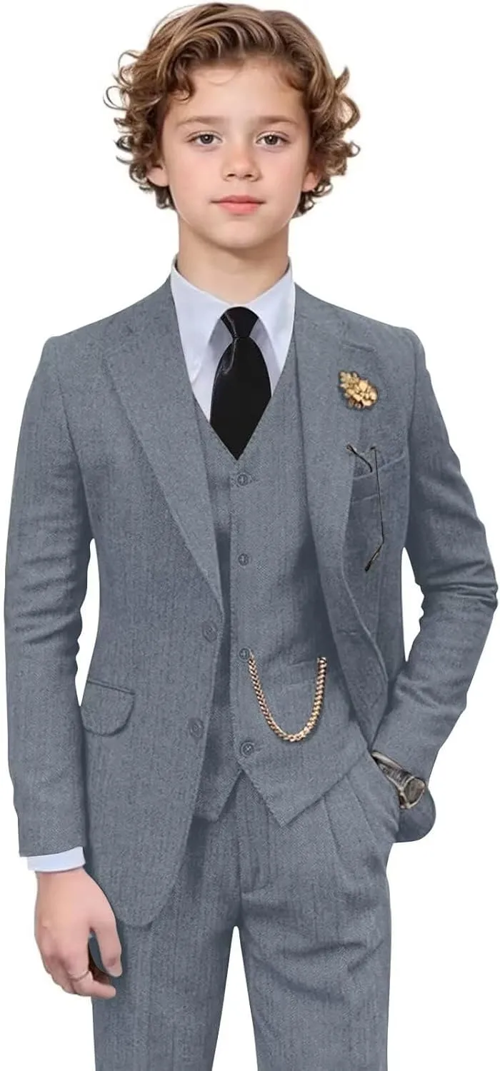 Retro 3 Pieces Slim Fit Boy Suit Tweed Herringbone Formal Stylish Vest Tuxedo Pants Wedding Homecoming Dress Wear Set