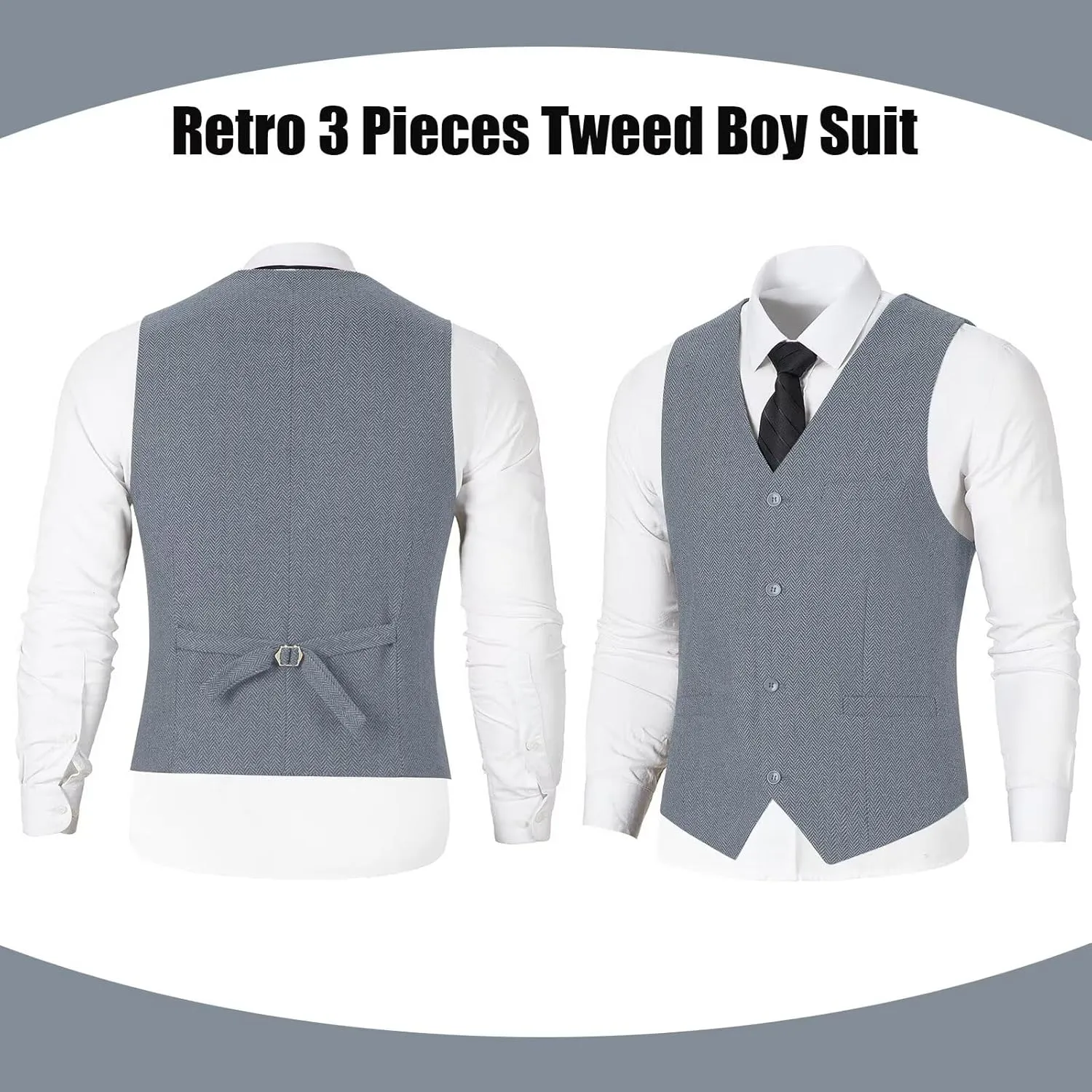 Retro 3 Pieces Slim Fit Boy Suit Tweed Herringbone Formal Stylish Vest Tuxedo Pants Wedding Homecoming Dress Wear Set