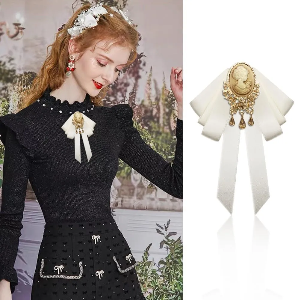 Retro Court style Crystal Ribbon Bow Tie Brooch Pins for Women Girls Victorian Cameo Bow Brooch Pre-Tied Bowknot Corsage Collar accessory