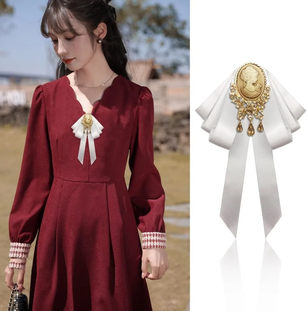 Retro Court style Crystal Ribbon Bow Tie Brooch Pins for Women Girls Victorian Cameo Bow Brooch Pre-Tied Bowknot Corsage Collar accessory