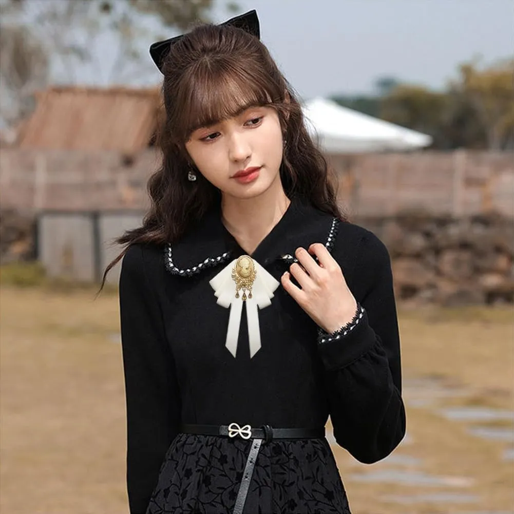 Retro Court style Crystal Ribbon Bow Tie Brooch Pins for Women Girls Victorian Cameo Bow Brooch Pre-Tied Bowknot Corsage Collar accessory