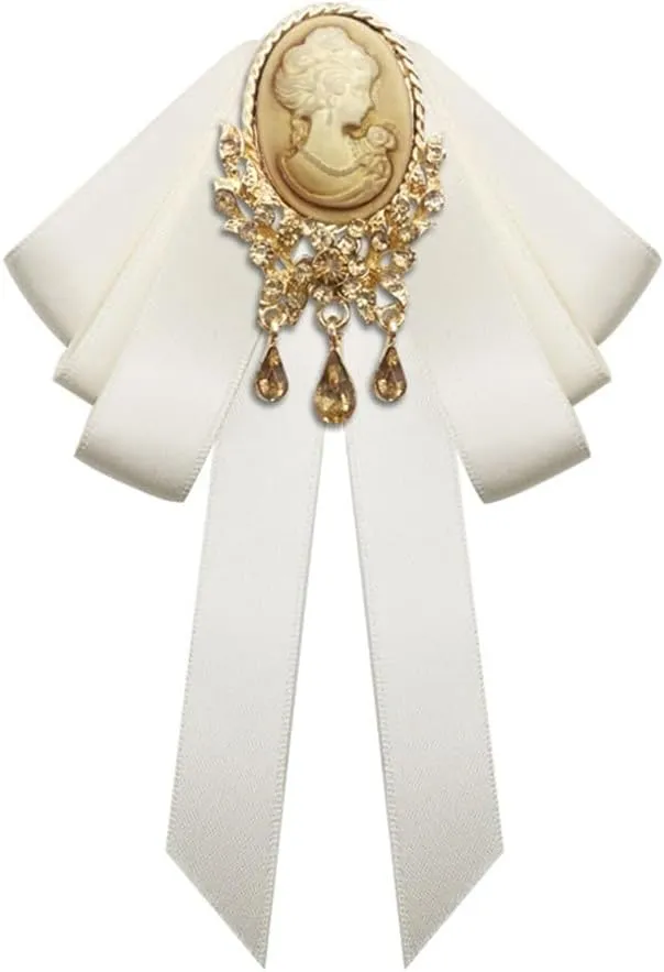 Retro Court style Crystal Ribbon Bow Tie Brooch Pins for Women Girls Victorian Cameo Bow Brooch Pre-Tied Bowknot Corsage Collar accessory