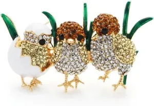 Rhinestone Chick Brooch Pins Enamel Green Grass Cute Little Bird Brooches For Women And Child Gift
