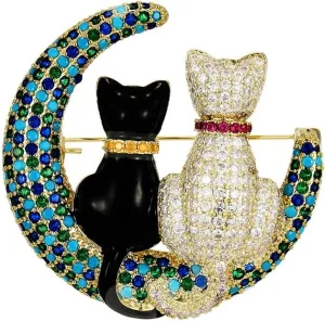 Rhinestone Couple Cats on the Moon Brooch Pin for Women Men Vintage Lapel Pins Funny Statement Cute Kitty Crystal Turquoise Animal Kitten Crescent Brooches Christmas Birthday Jewelry Gift Unisex
