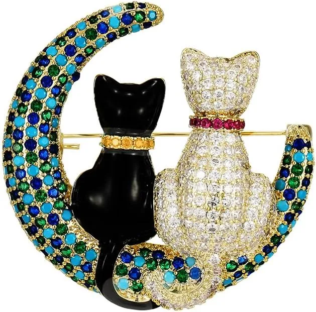 Rhinestone Couple Cats on the Moon Brooch Pin for Women Men Vintage Lapel Pins Funny Statement Cute Kitty Crystal Turquoise Animal Kitten Crescent Brooches Christmas Birthday Jewelry Gift Unisex