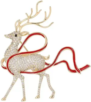Rhinestone Deer Xmas Brooch Pin for Women Girls Gold Tone Fashion Red Ribbon Crystal Elk Brooches Lapel Pins Cute Christmas Holiday Festival Decoration Suit Dress Accessories Jewelry Gift