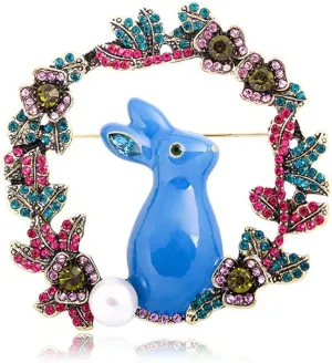 Rhinestone Flower Rabbit Brooch for Women Girls Fashion Cute Enamel Crystal Flowers Wreath Shell Pearl Animal Brooches Lapel Pins Dainty Easter Christmas Festival Decoration Jewelry Gift