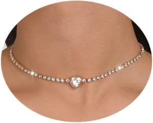 Rhinestone Heart Choker Necklace for Women Dainty Crystal Heart Necklace Tennis Chain Neclack Heart Statement Necklace for Women Birthday Party Prom Jewelry
