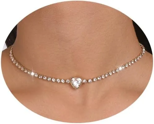 Rhinestone Heart Choker Necklace for Women Dainty Crystal Heart Necklace Tennis Chain Neclack Heart Statement Necklace for Women Birthday Party Prom Jewelry