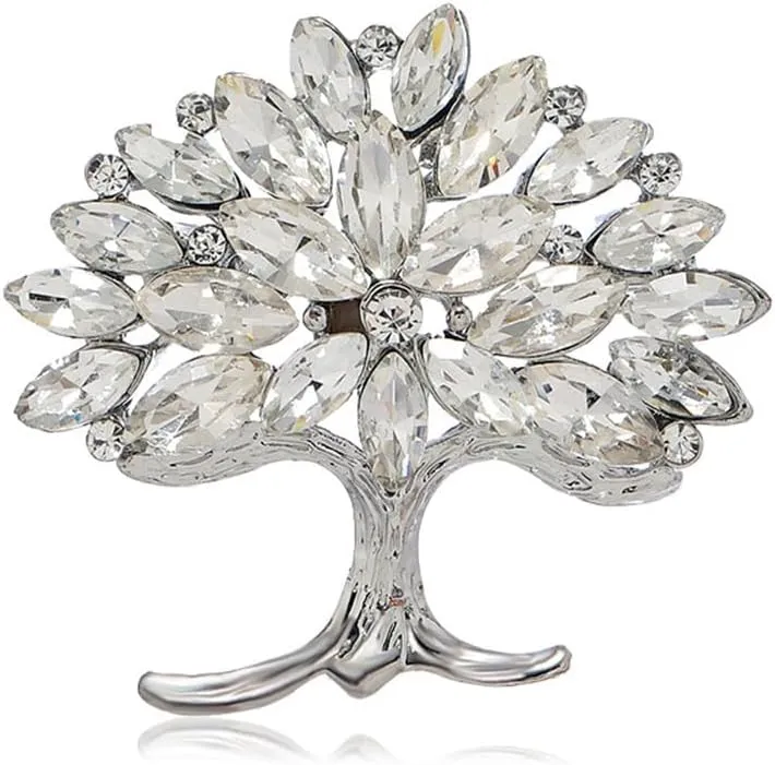 Rhinestone Leaf Tree Brooch Pin for Women Girls Silver Plated Fashion Crystal Life of Tree Brooches Lapel Pins Dainty Hat Bag Suit Dress Accessories Birthday Holiday Jewelry Gift for Mother Father