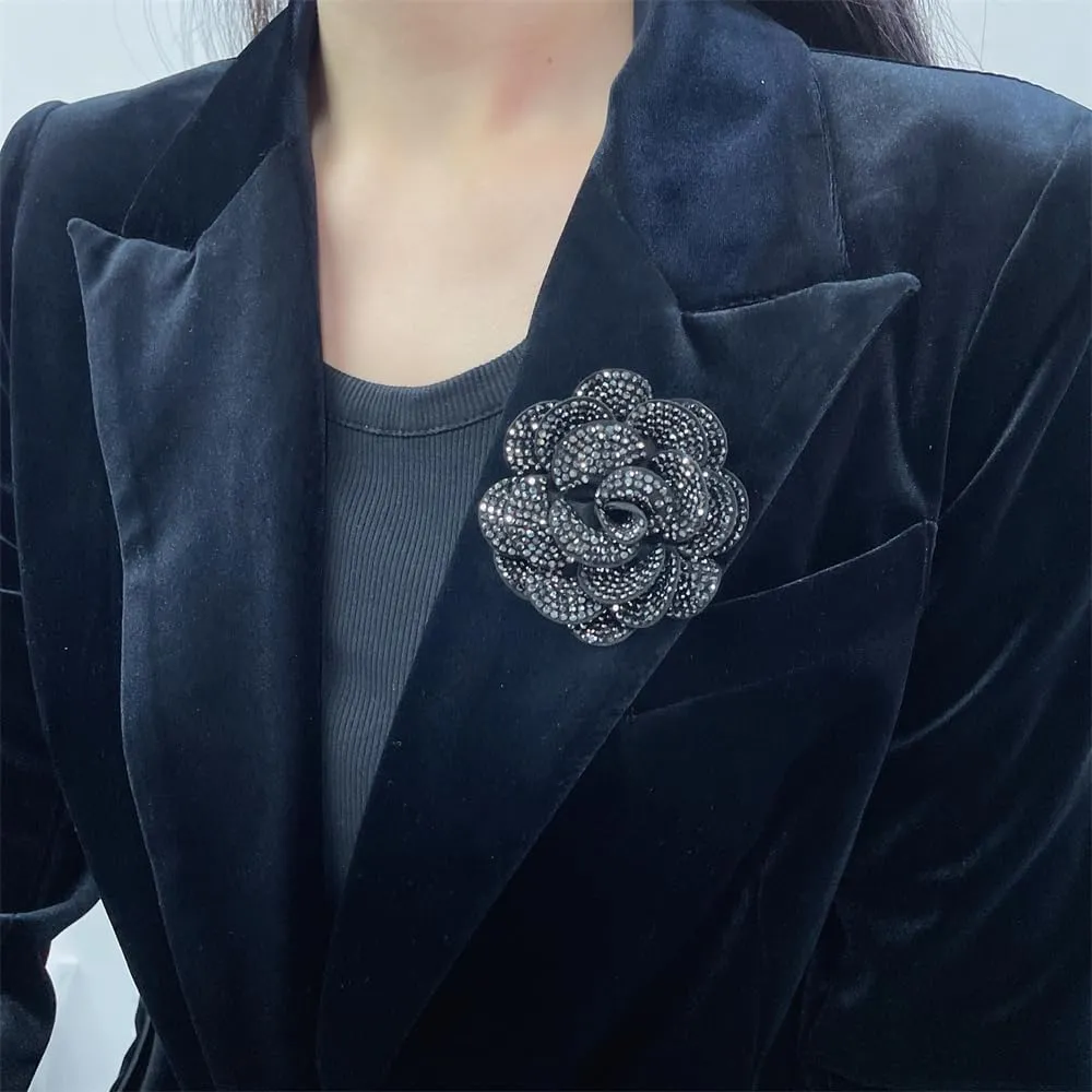 Rhinestone Rose Flower Brooch Lapel Pins for Women Her Fashion Crystal Camellia Flower Brooches Pin for Dress Accessories Jewelry Boutonniere Corsage Wedding Party Birthday Gift 70mm
