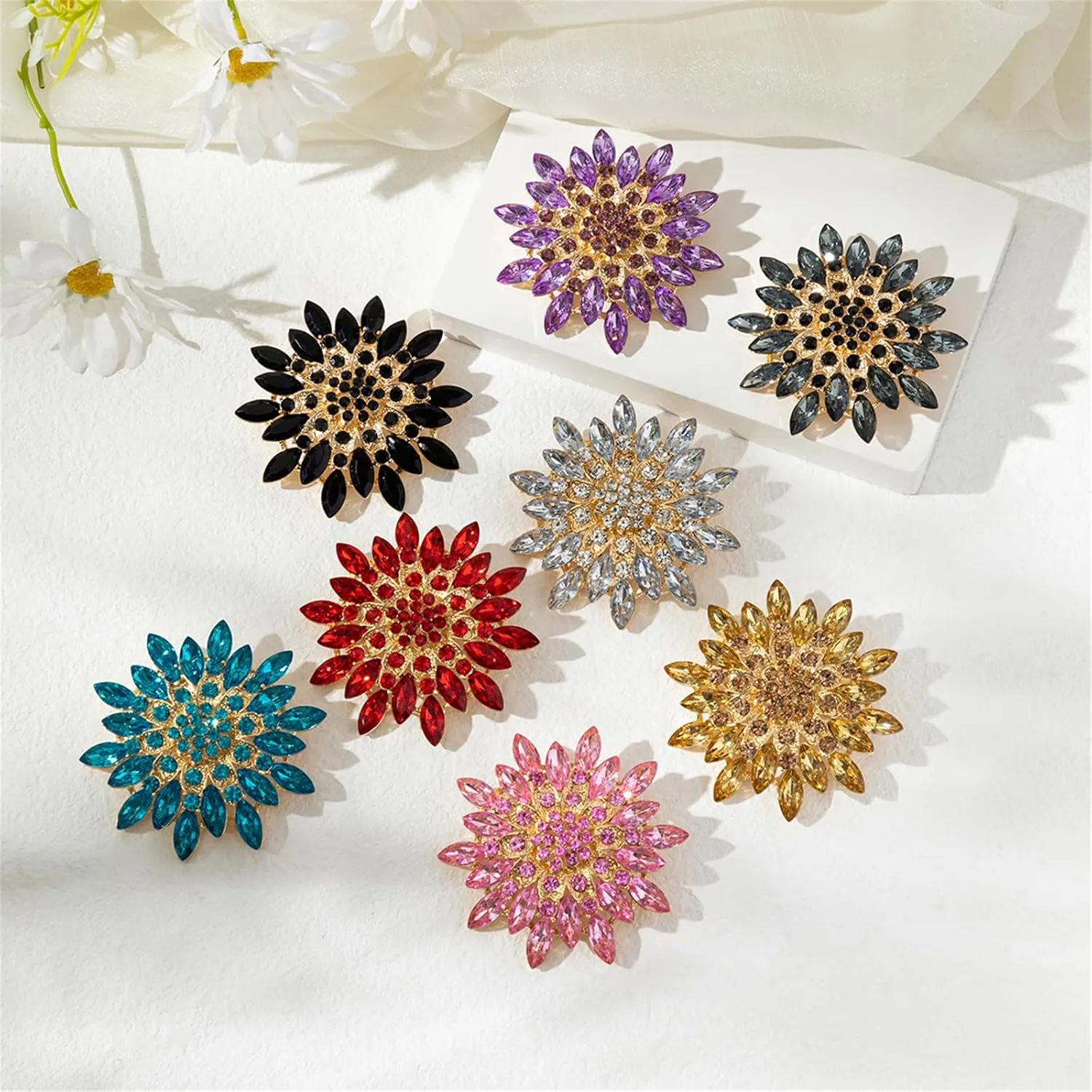 Rhinestone Sunflower Brooch Pin Red Pink Flower Brooch Stylish Crystal Brooch Elegant Clothing Hat Bag Accessories Jewerly for Women