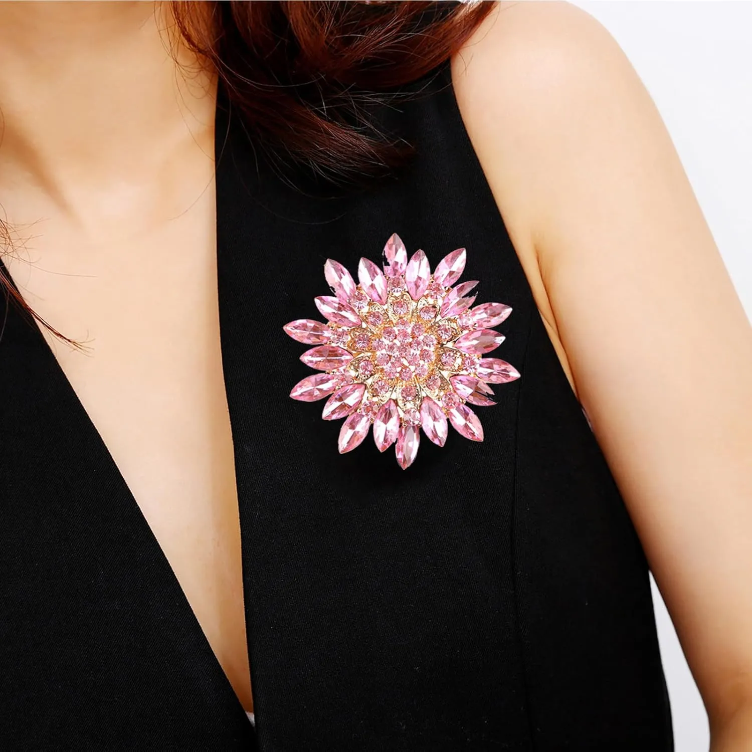 Rhinestone Sunflower Brooch Pin Red Pink Flower Brooch Stylish Crystal Brooch Elegant Clothing Hat Bag Accessories Jewerly for Women