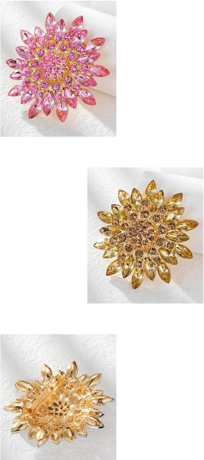 Rhinestone Sunflower Brooch Pin Red Pink Flower Brooch Stylish Crystal Brooch Elegant Clothing Hat Bag Accessories Jewerly for Women