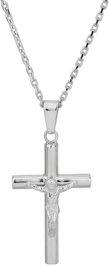 Rhodium Plated 925 Sterling Silver Jewelry - Handcrafted Religious Cross Crucifix Pendant Necklace for Men and Women - Stylish Ornament for Adults - 23x48mm