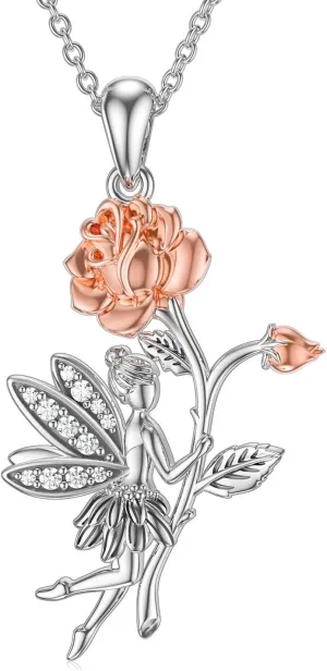 RMREWY 925 Sterling Silver Flower Fairy Necklace White and Rose Gold Plated Pendant Necklace Zircon Jewelry for Women