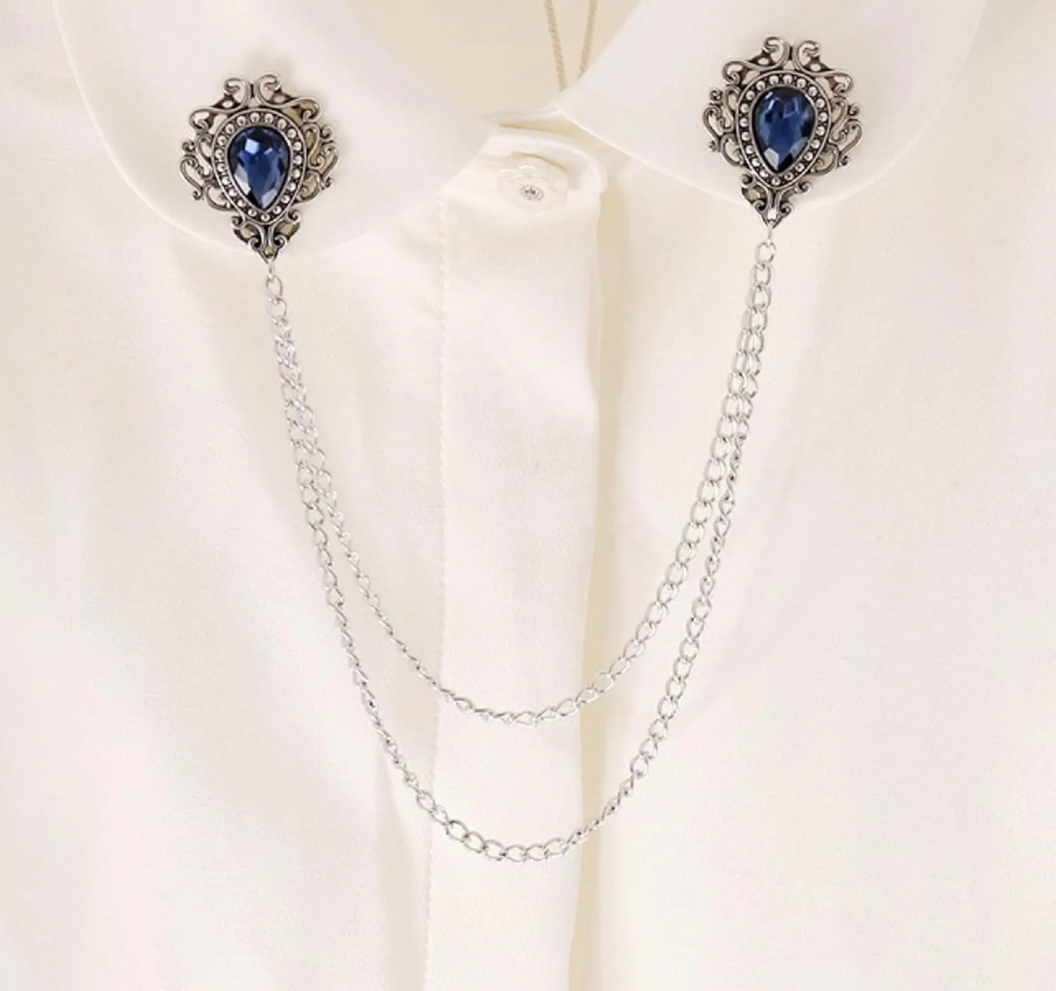 ROFARSO Vintage Elegance: Dual Rhinestone Teardrop Collar Chain Brooch By ROFARSO Brooch Pins