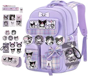 Roffatide Anime Kawaii School Backpack for Girls Boys with 21Pcs Accessories Cartoon Students Aesthetic New Semester Gifts Laptop Backpack with Cute Pins, Anti-Theft, ID Badge Holder Purple