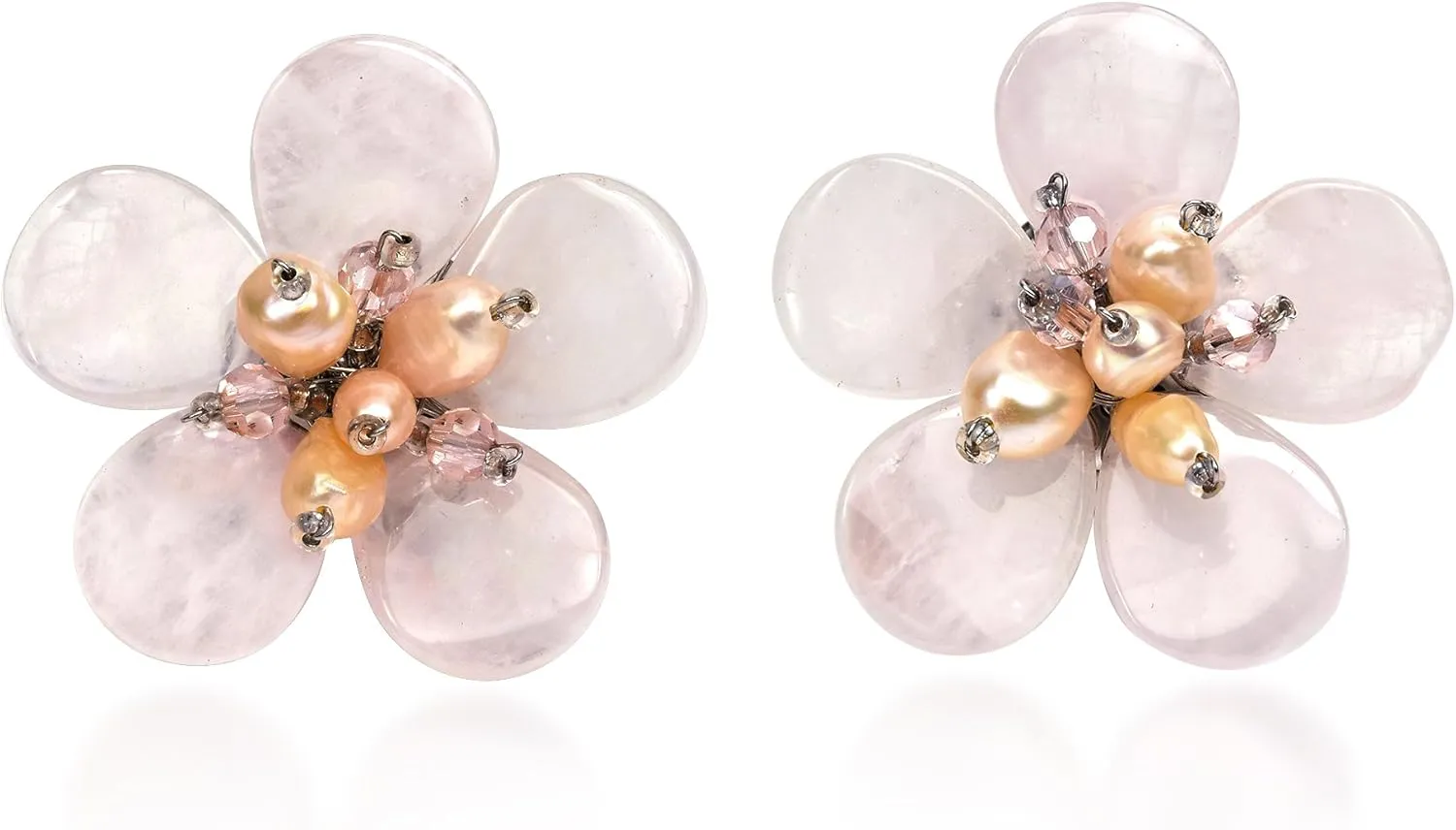 Romantic Tropics Pink Glass & Cultured Freshwater Pearl Flower Clip-On Earrings | Elegant Floral Statement Jewelry for Women | Tropical-Inspired Design