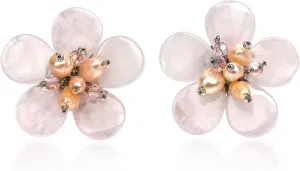 Romantic Tropics Pink Glass & Cultured Freshwater Pearl Flower Clip-On Earrings | Elegant Floral Statement Jewelry for Women | Tropical-Inspired Design