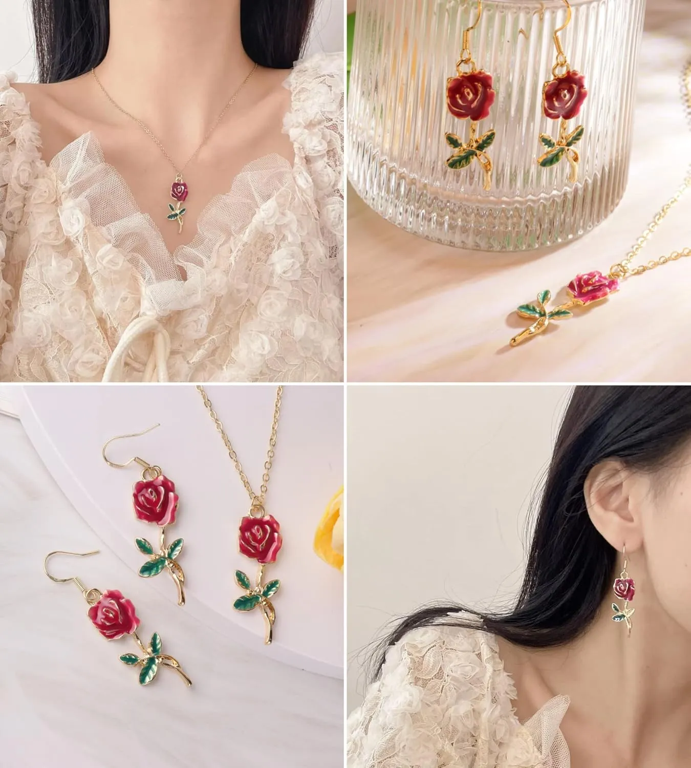 Rose Flower Earrings for Women, Fashion and Romantic Vintage Rose Pendant Earrings Precious Dainty Jewelry Gift for Women Girls Mother Wife Sister Daughte