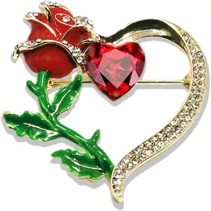 Rose Heart Crystal Brooch for Women Elegant Enamel Rhinestone Love Heart Brooches Pin Fashion Jewelry for Women Girl Wedding Party Valentines Gift