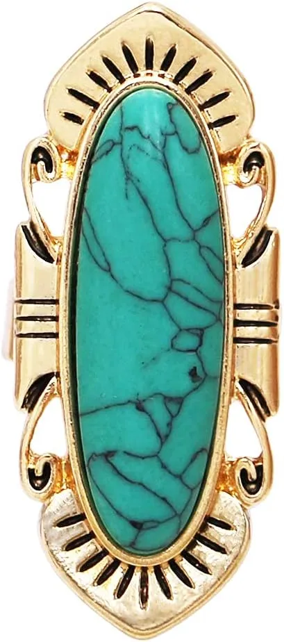 Rosemarie & Jubalee Women's Cowgirl Chic Statement Oval Turquoise Howlite Stone Burnished Gold Tone Concho Adjustable Western Style Cocktail Ring, 1.75"