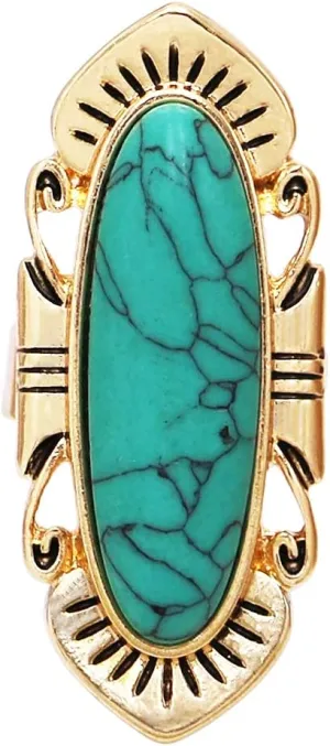 Rosemarie & Jubalee Women's Cowgirl Chic Statement Oval Turquoise Howlite Stone Burnished Gold Tone Concho Adjustable Western Style Cocktail Ring, 1.75"
