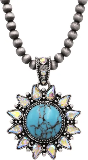 Rosemarie & Jubalee Women's Cowgirl Chic Sunflower Medallion Turquoise Blue Howlite Stone With Crystal Rhinestone Pendant On Western Navajo Pearl Strand Necklace, 16" 3" Extension