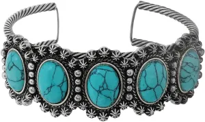 Rosemarie & Jubalee Women's Cowgirl Chic Western Style Burnished Silver Tone Conchos On Open Cuff Bracelet, 7" (Turquoise Blue 5 Howlite Stone)