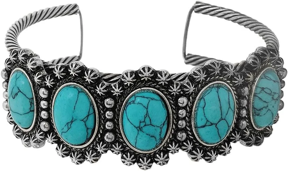Rosemarie & Jubalee Women's Cowgirl Chic Western Style Burnished Silver Tone Conchos On Open Cuff Bracelet, 7" (Turquoise Blue 5 Howlite Stone)