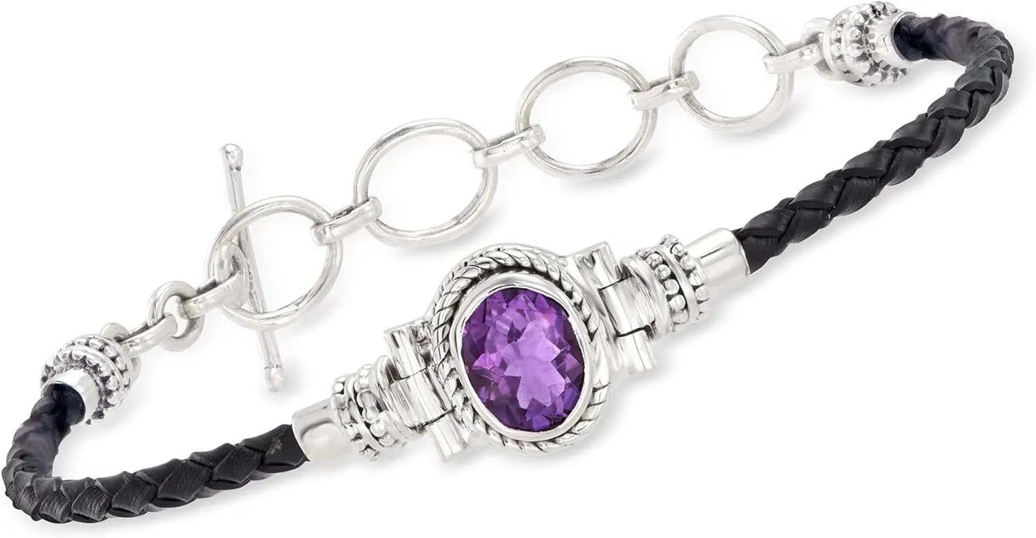 Ross-Simons 2.50 Carat Amethyst and Black Leather Toggle Bracelet in Sterling Silver. 7 inches