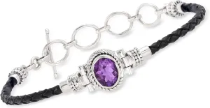 Ross-Simons 2.50 Carat Amethyst and Black Leather Toggle Bracelet in Sterling Silver. 7 inches