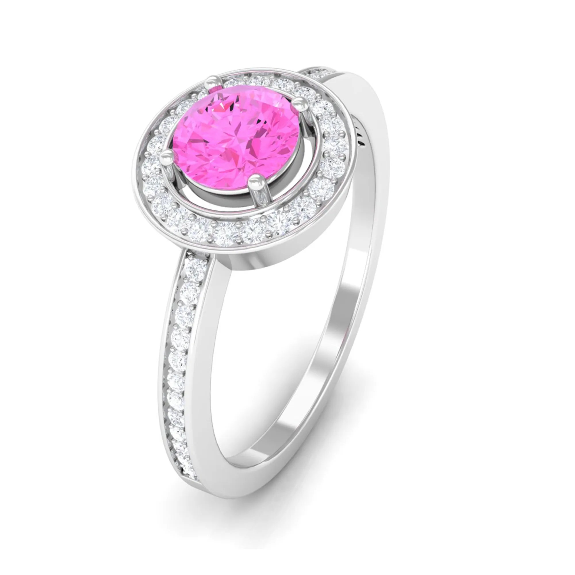 Round Pink Sapphire Floating Halo Engagement Ring with Diamond