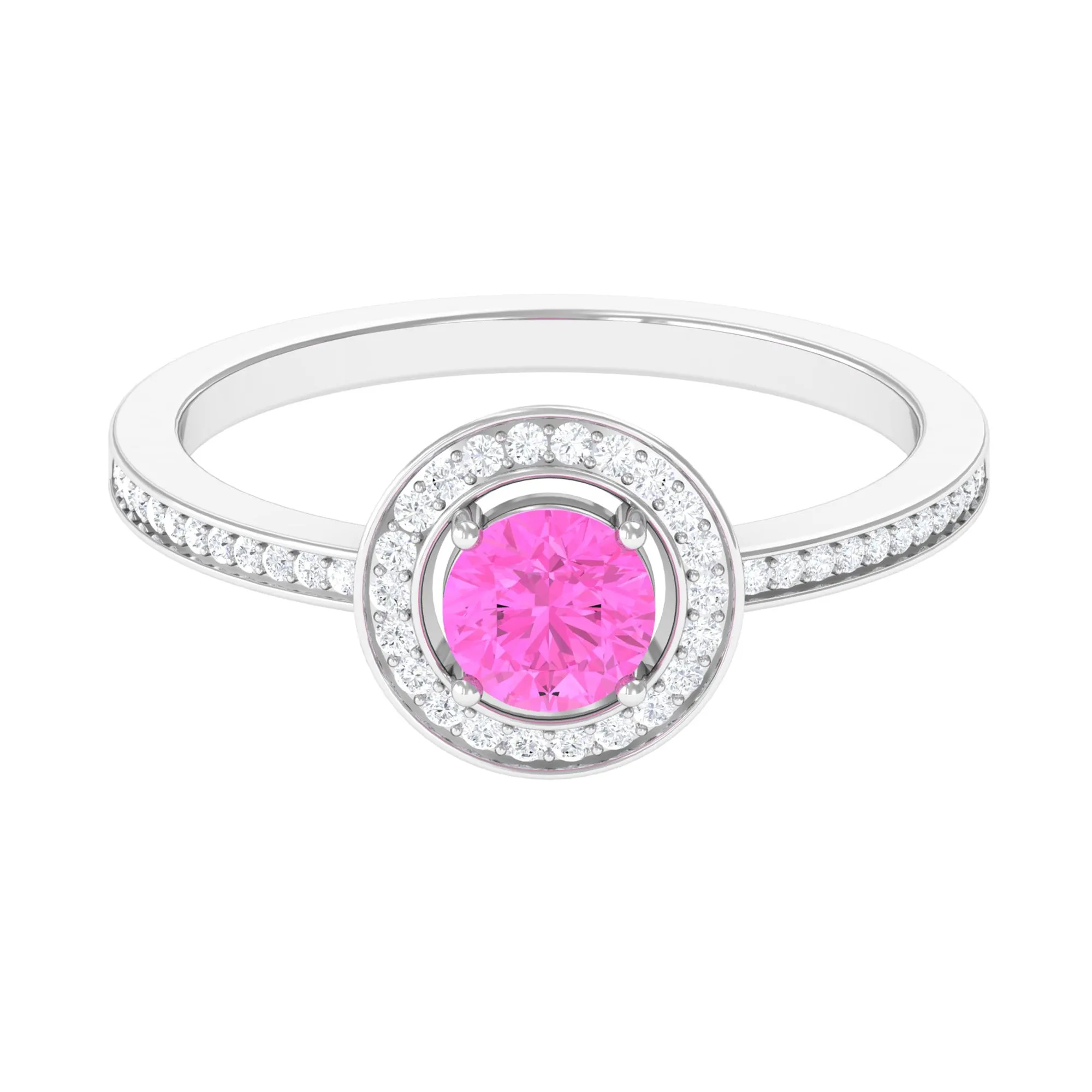 Round Pink Sapphire Floating Halo Engagement Ring with Diamond