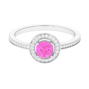 Round Pink Sapphire Floating Halo Engagement Ring with Diamond