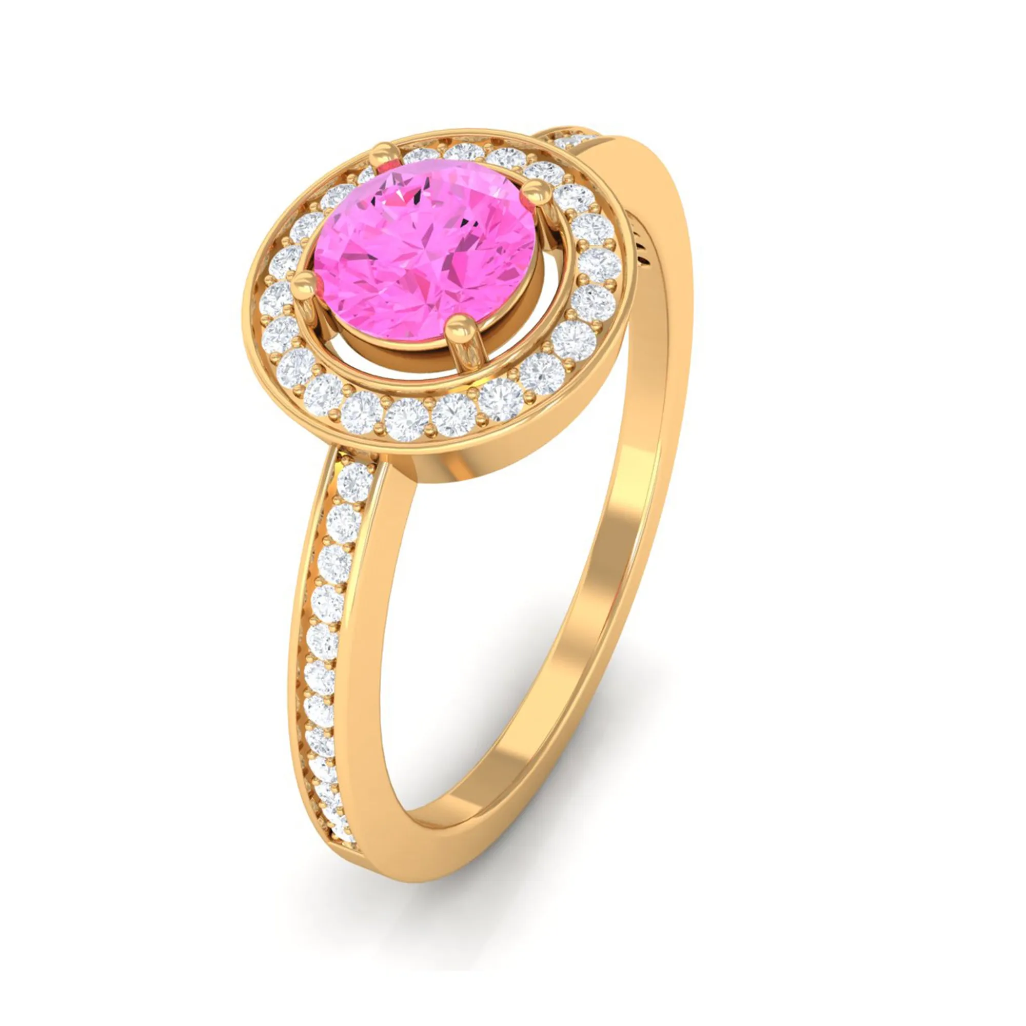 Round Pink Sapphire Floating Halo Engagement Ring with Diamond