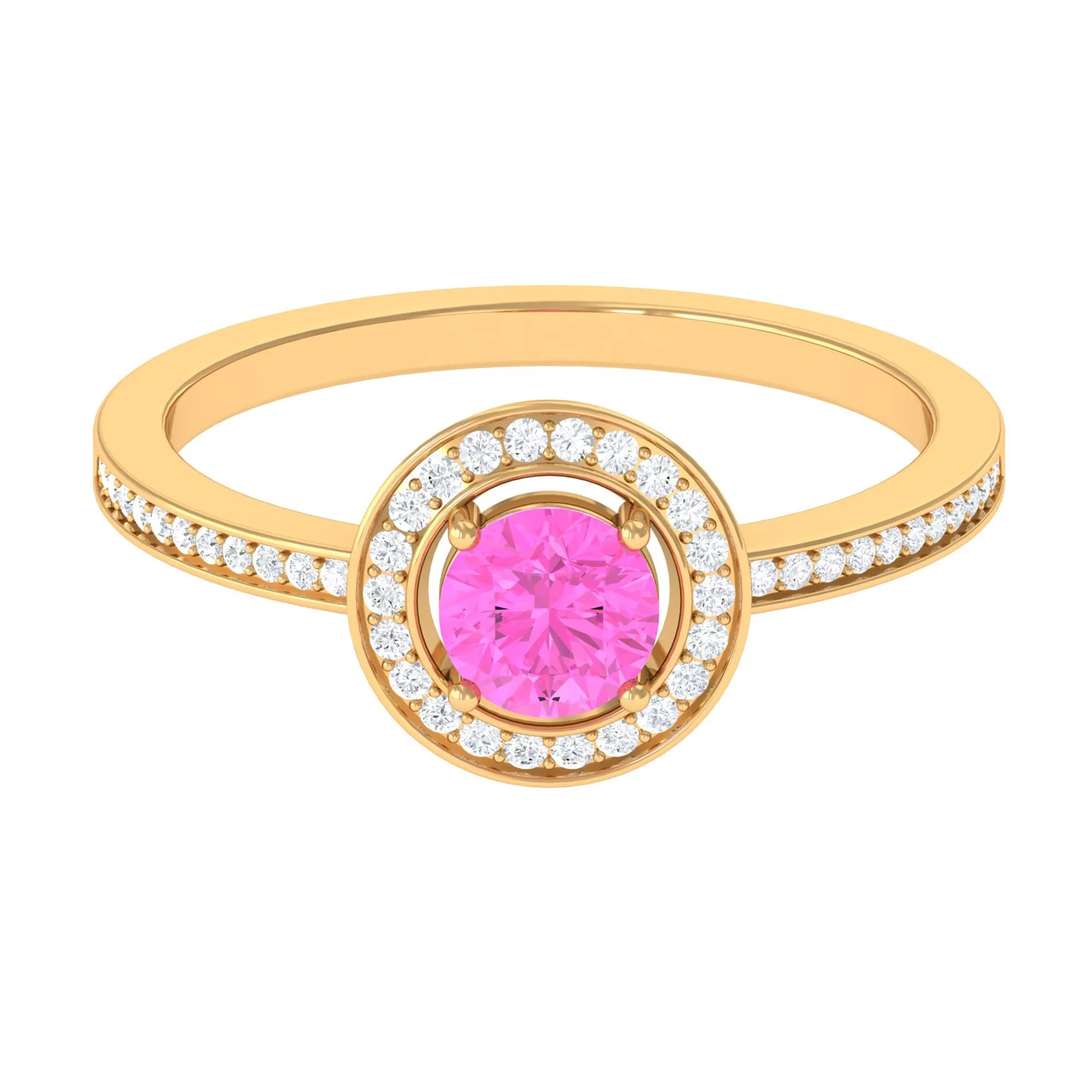 Round Pink Sapphire Floating Halo Engagement Ring with Diamond