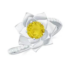 Round Yellow Sapphire Flower Bypass Ring with Diamond