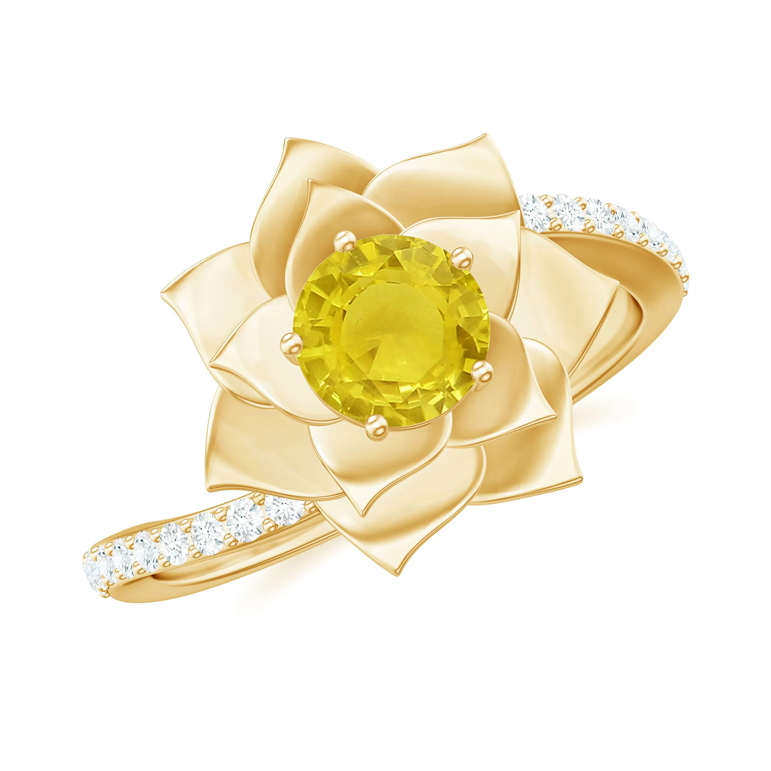 Round Yellow Sapphire Flower Bypass Ring with Diamond