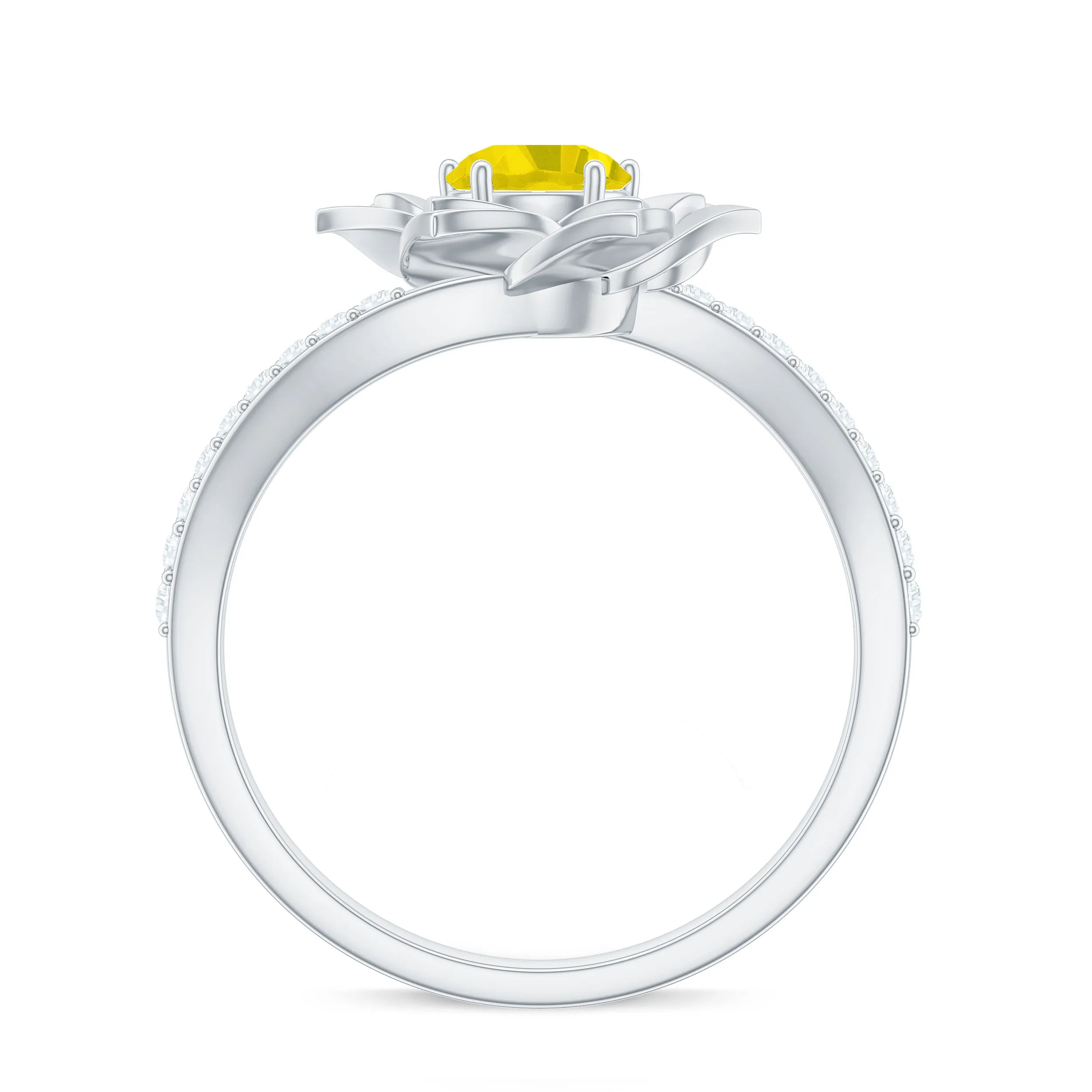 Round Yellow Sapphire Flower Bypass Ring with Diamond