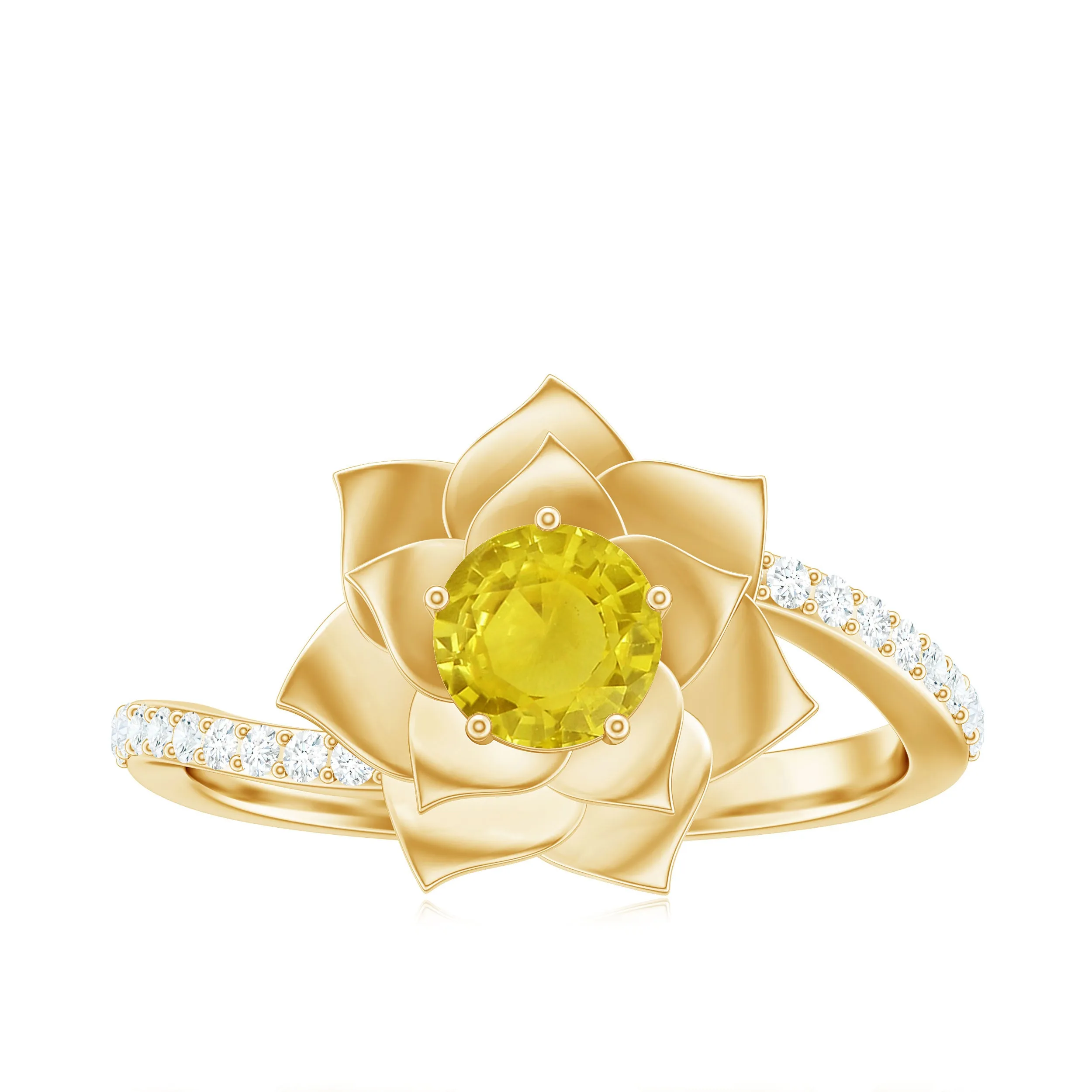 Round Yellow Sapphire Flower Bypass Ring with Diamond