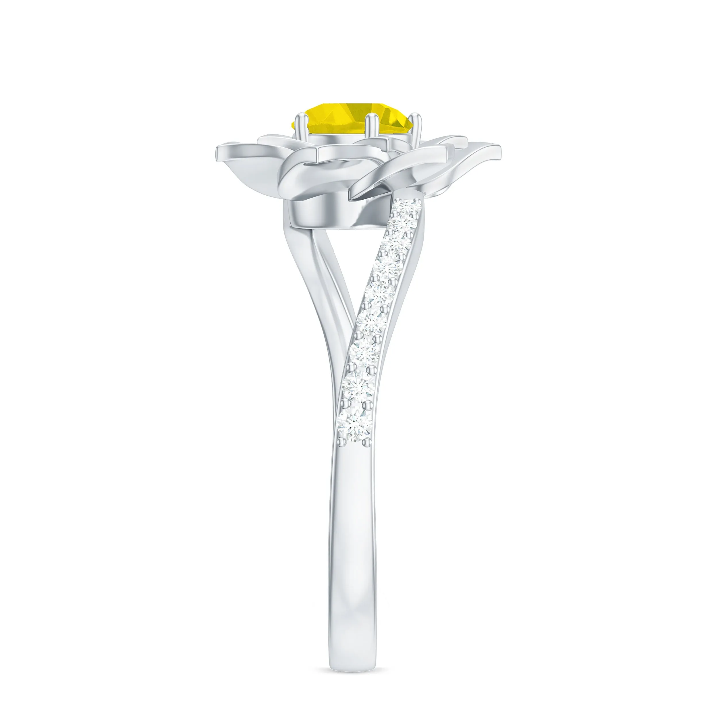 Round Yellow Sapphire Flower Bypass Ring with Diamond