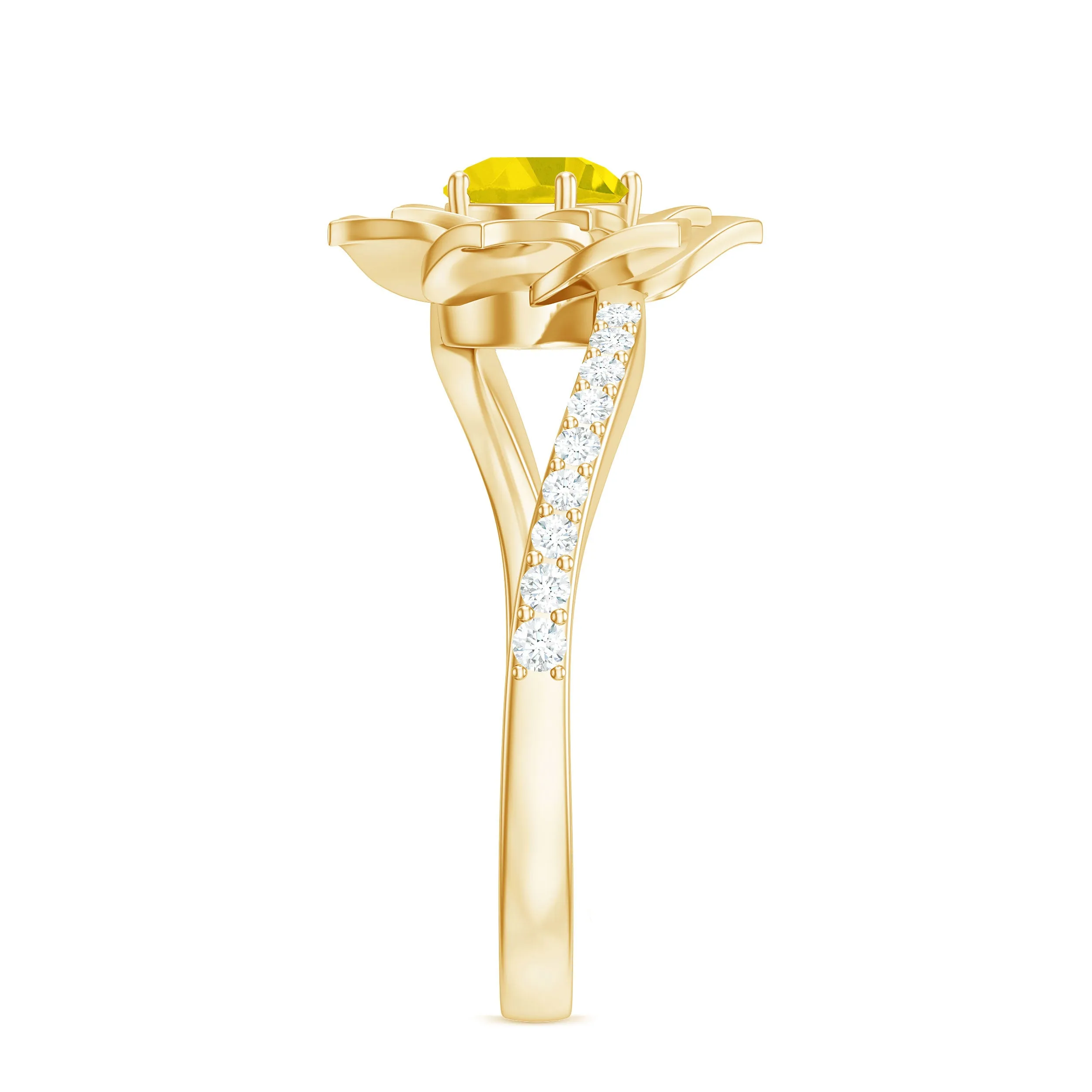 Round Yellow Sapphire Flower Bypass Ring with Diamond