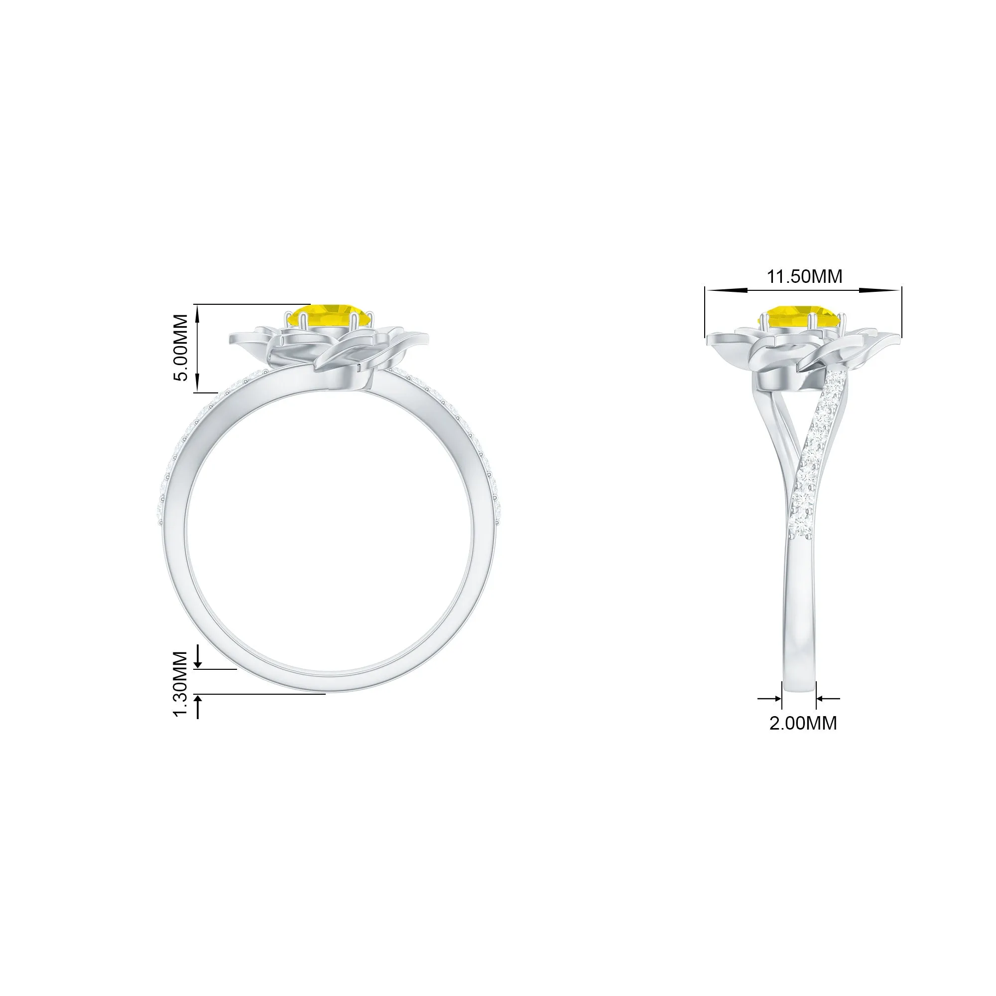 Round Yellow Sapphire Flower Bypass Ring with Diamond
